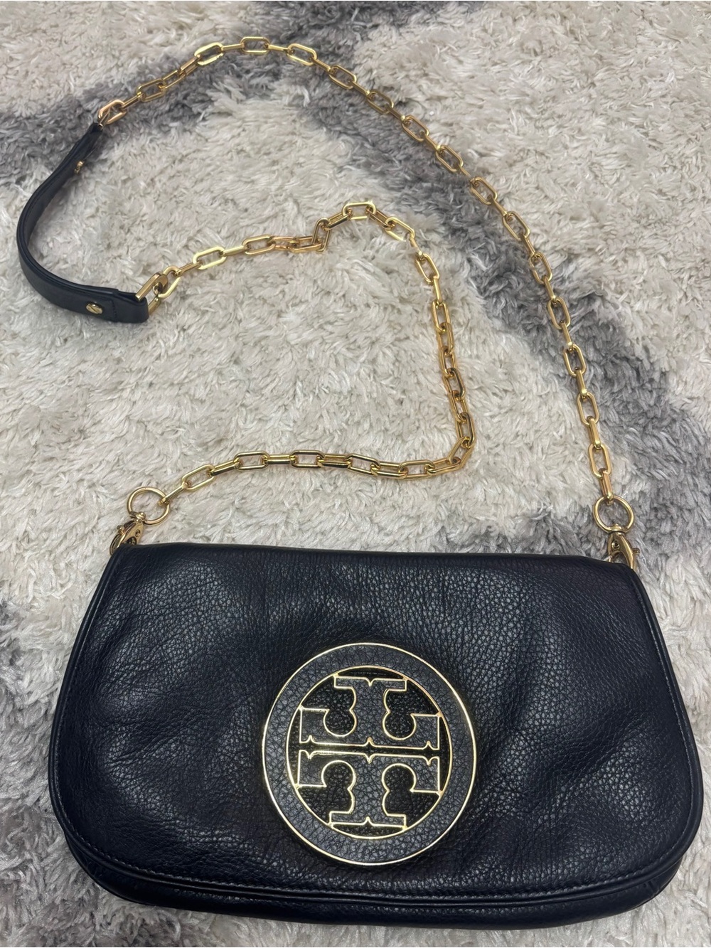 Tory Burch Reva Black Pebbled Leather Chain Shoulder Bag